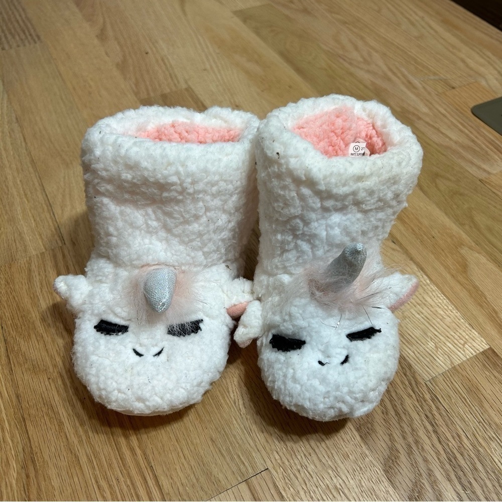 Cat & Jack Plush Unicorn Slippers Kids 2T-3T White Pink Girls